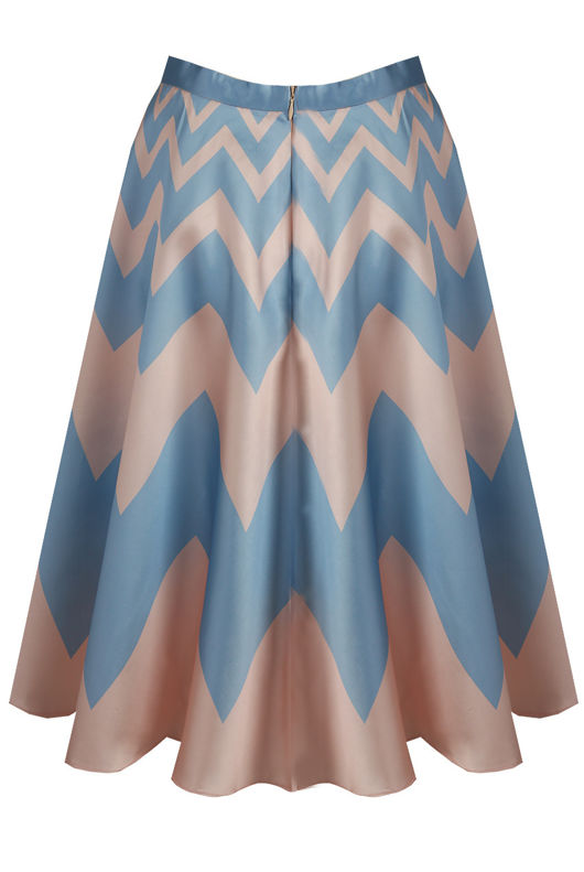 Blue Contrast Zig Zag Print Flared Skirt