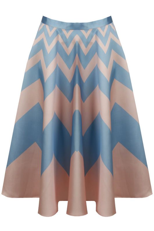 Blue Contrast Zig Zag Print Flared Skirt