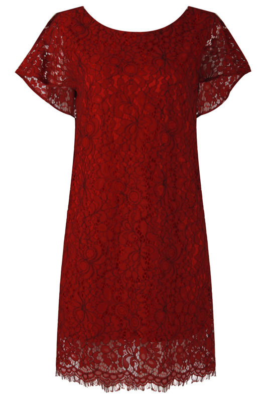 Wine Floral Lace Lined Shift Dress