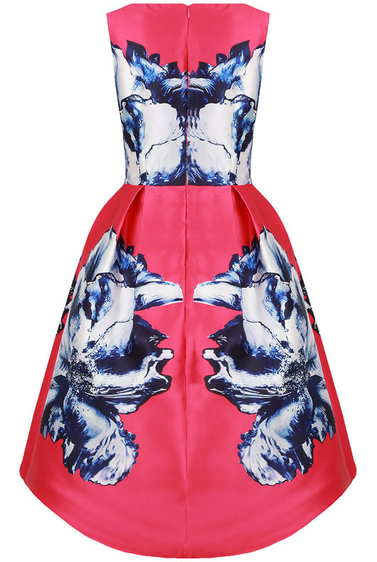 Fuchsia Contrast Floral Print Asymmetric Prom Dress