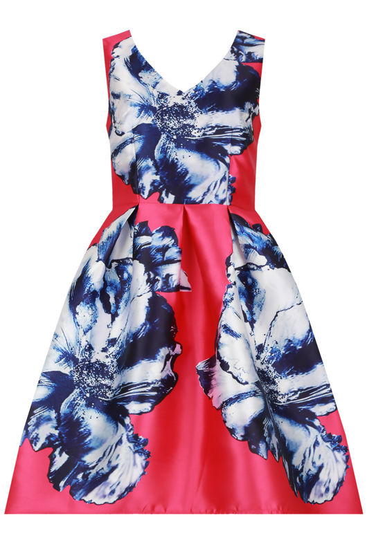 Fuchsia Contrast Floral Print Asymmetric Prom Dress