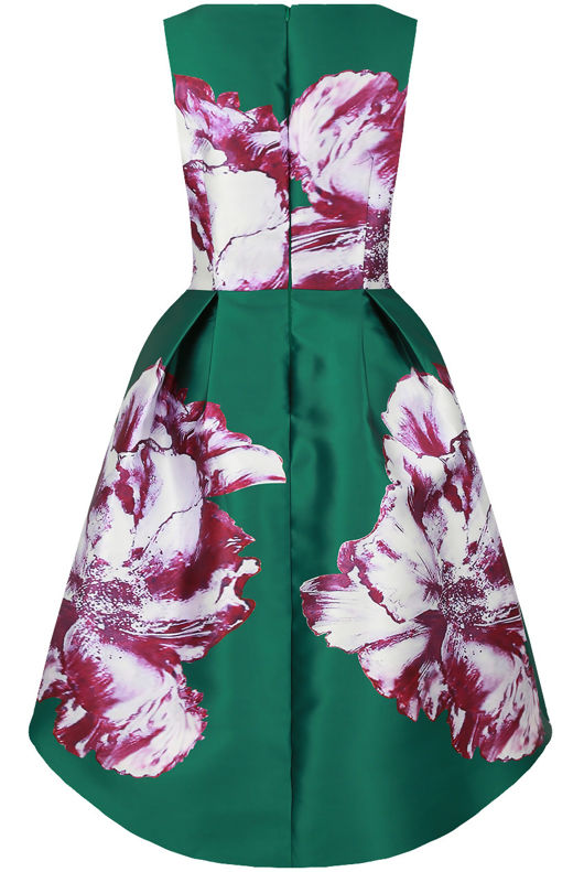 Green Contrast Floral Print Asymmetric Prom Dress