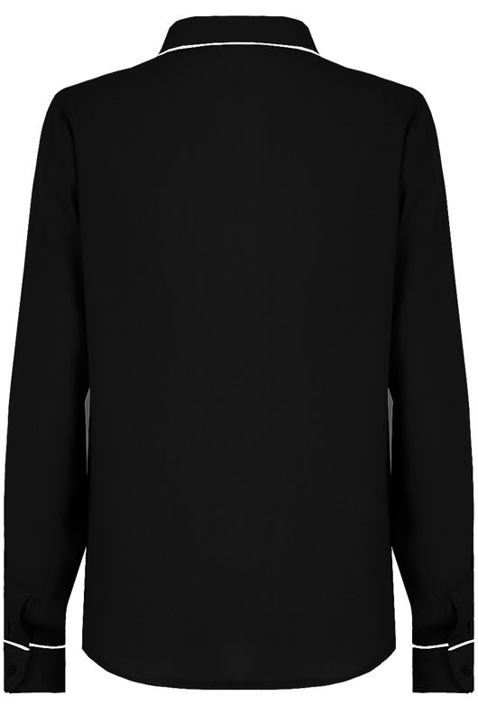 Black Contrast Neck Tie Up Shirt Tops