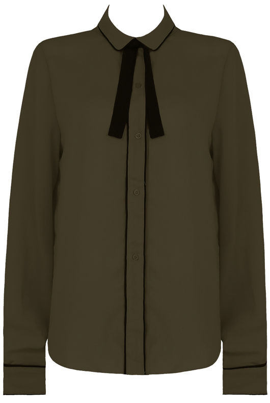 Khaki Contrast Neck Tie Up Shirt Tops