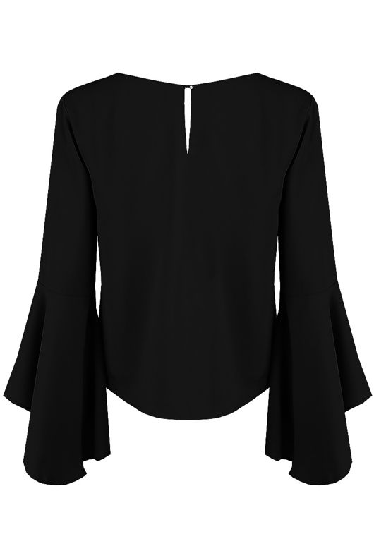 Black Back Button Up Bell Sleeve Tops