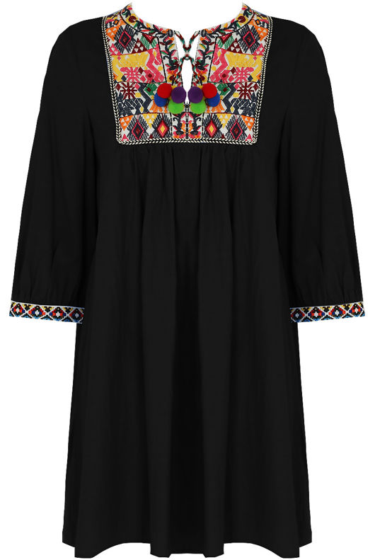 Black Embroidery Fringed Shift Dress