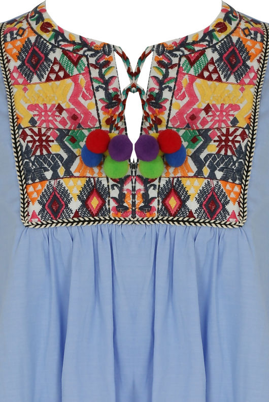 Blue Embroidery Fringed Shift Dress
