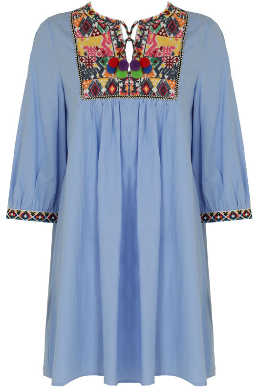 Blue Embroidery Fringed Shift Dress