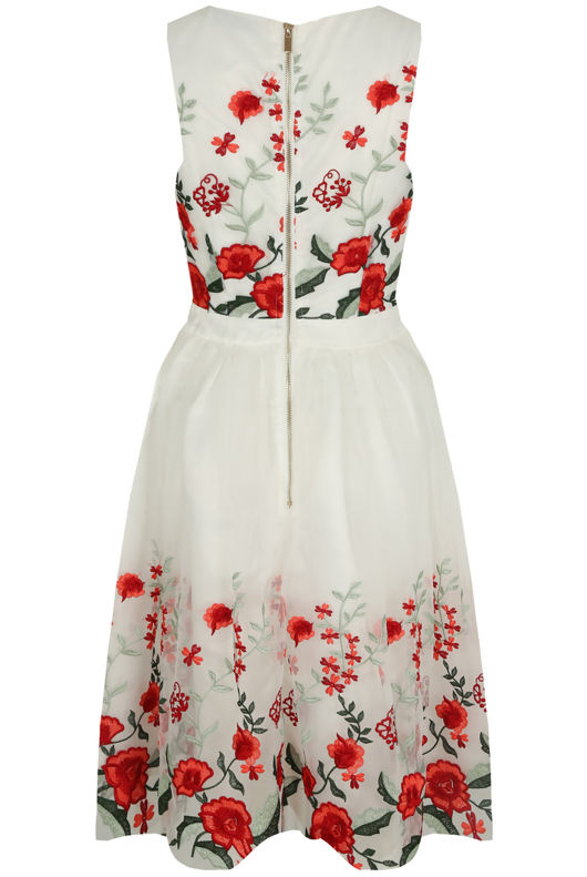 Red Floral Embroidery Back Zip Up Shift Dress