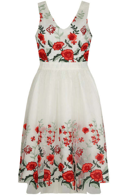 Red Floral Embroidery Back Zip Up Shift Dress
