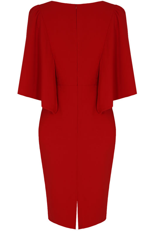 Wing Sleeve Back Slit Midi Dress in Red
