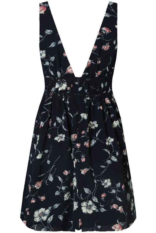 Contrast Floral Back Zip Up Shift Dress in Navy