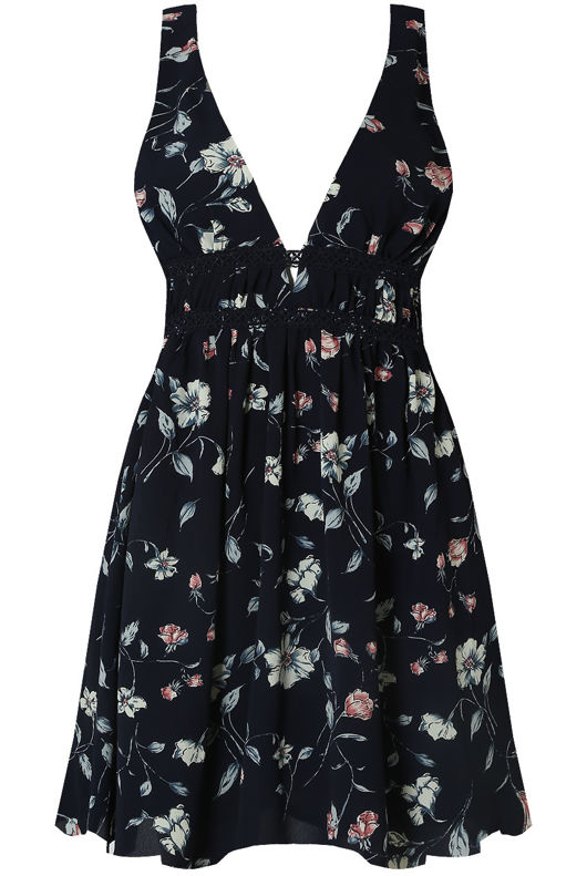 Contrast Floral Back Zip Up Shift Dress in Navy