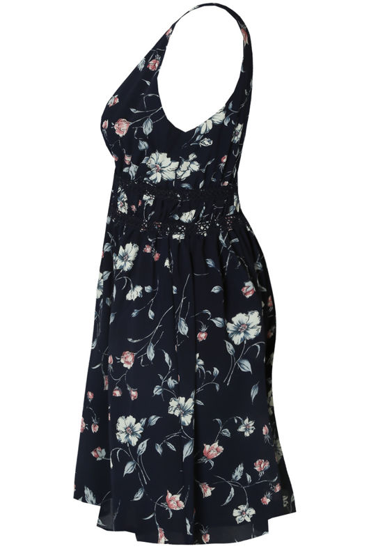 Contrast Floral Back Zip Up Shift Dress in Navy