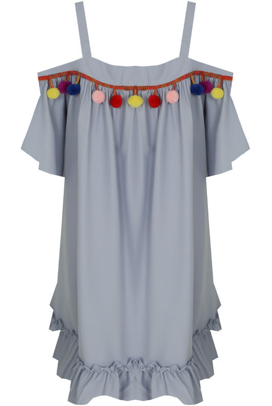 Sky Off Shoulder Pom Pom Shift Dress 