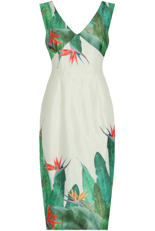 Contrast Floral Back Zip Up Bodycon Dress in White