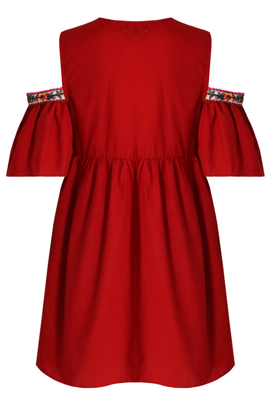 Cold Shoulder Crochet Detail Dress In Red