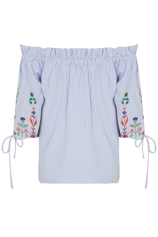 Blue Striped Front Tie Up Off Shoulder Tops