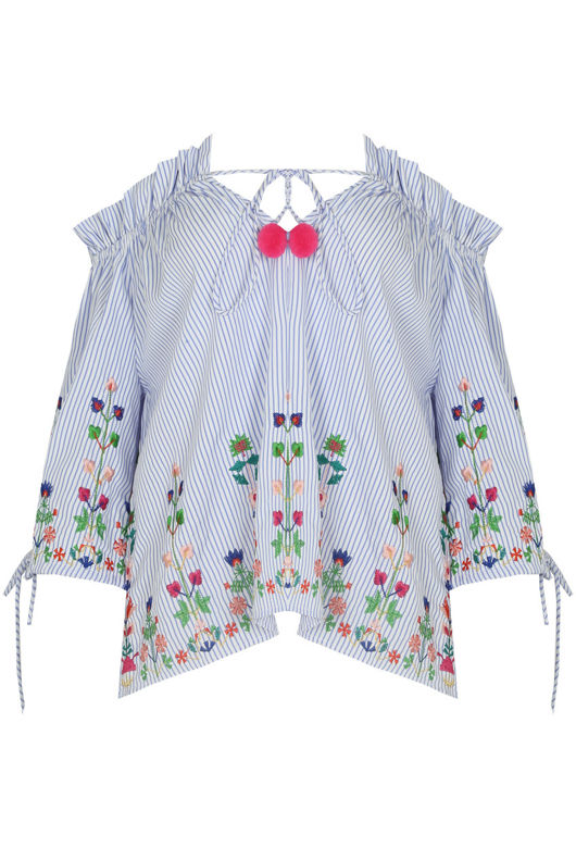 Blue Striped Front Tie Up Off Shoulder Tops