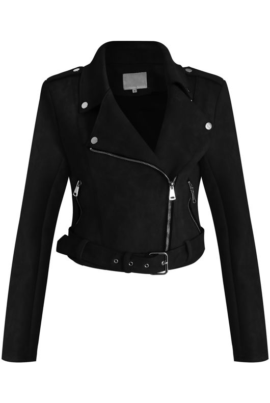 Black Faux Suede Cropped Biker Jacket 