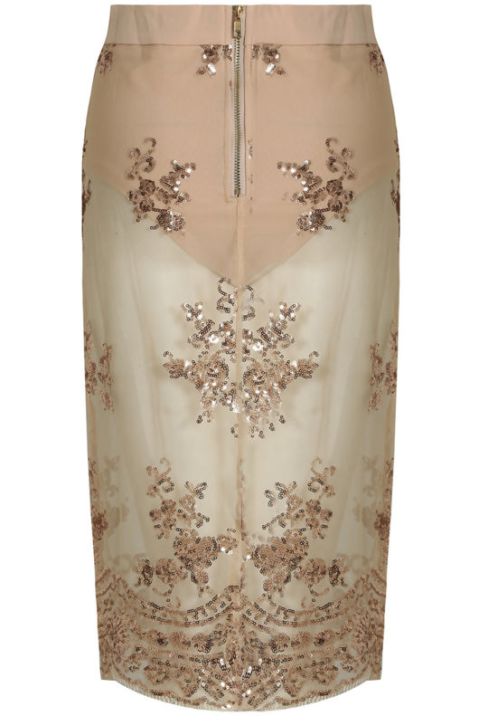 Sheer Mesh Midi Skirt With Sequin Detail In Rose 
