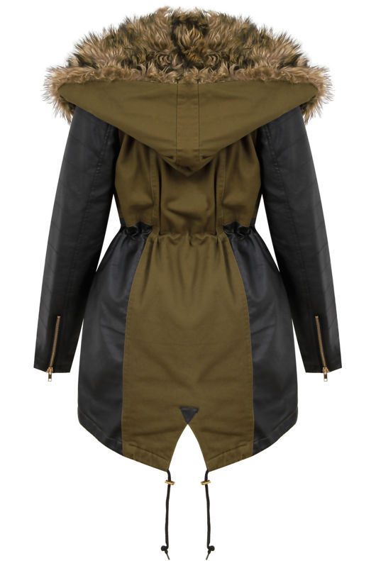 Khaki Green PVC Side Panels Fur Hood Parka