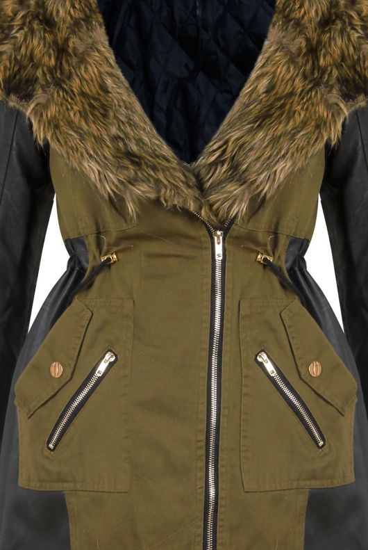 Khaki Green PVC Side Panels Fur Hood Parka