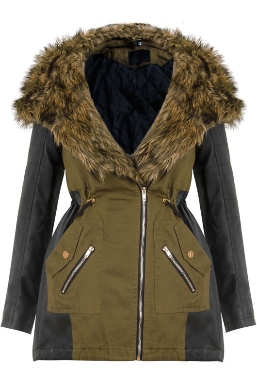 Khaki Green PVC Side Panels Fur Hood Parka