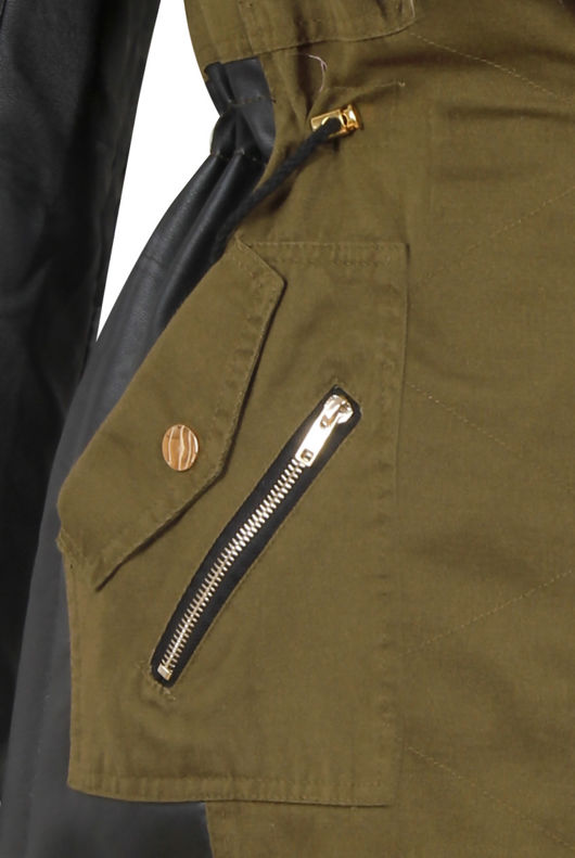 Khaki Green PVC Side Panels Fur Hood Parka