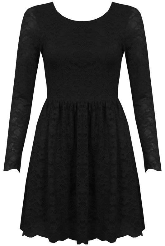 Black Lace Backless Long Sleeved Flared Dress