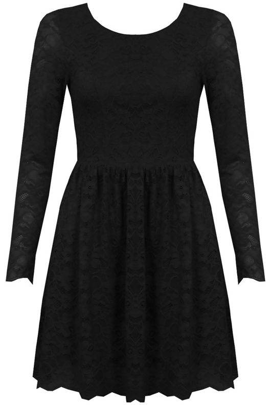 Black Lace Backless Long Sleeved Flared Dress