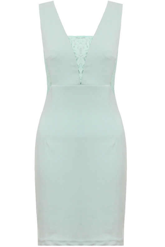 Mint Floral Lace Back Zip Up Bodycon Dress