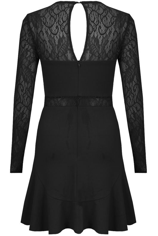 Black Lace & Crepe Frill Hem Dress