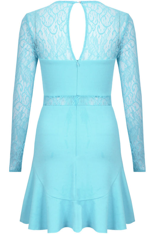 Light Blue Lace & Crepe Frill Hem Dress