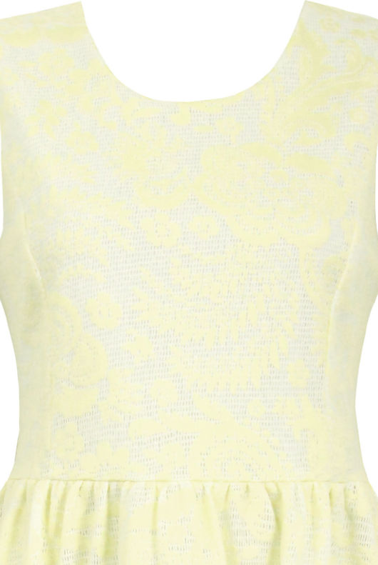 Yellow Floral Textured Back Zip Up Flared Dress 
