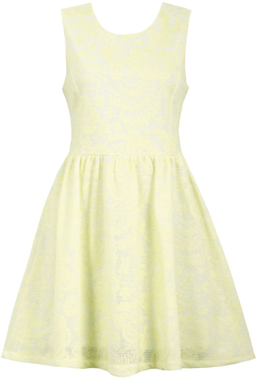 Yellow Floral Textured Back Zip Up Flared Dress 