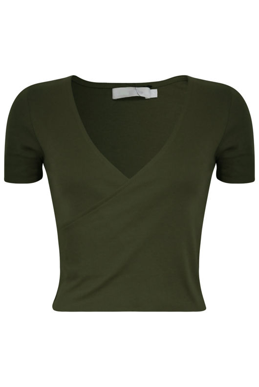 Khaki Basic Wrap Front Crop To
