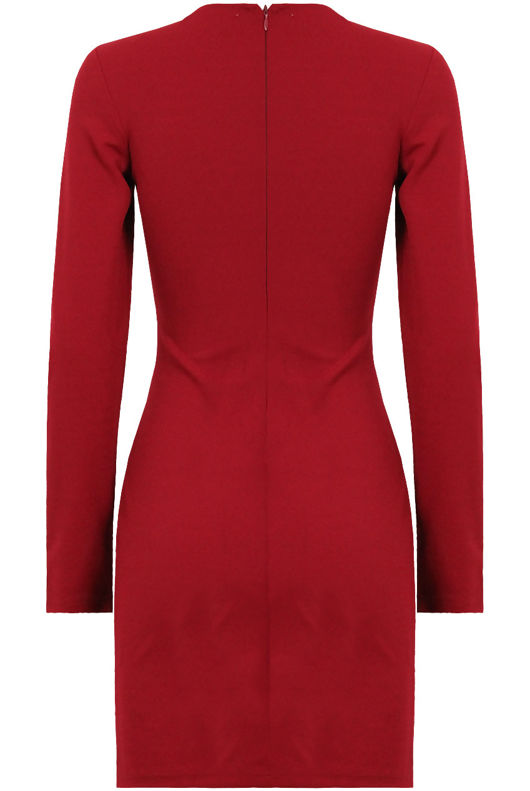 Wine Lace Up Plunge Long Sleeve Bodycon Dress