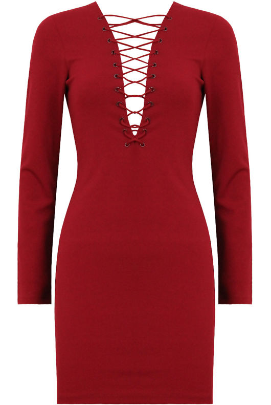 Wine Lace Up Plunge Long Sleeve Bodycon Dress
