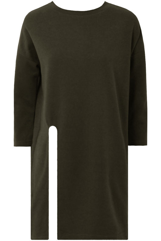 Khaki Front Side Split Long Sleeve Knitted Tops