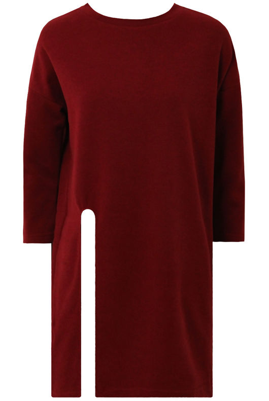 Burgundy Front Side Split Long Sleeve Knitted Tops