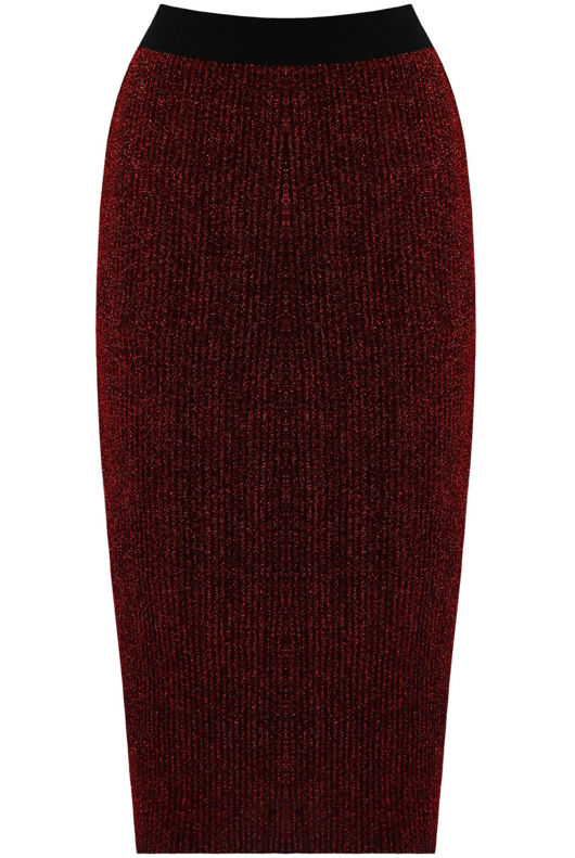 Wine Stretch Lurex Ribbed Midi Skirt
