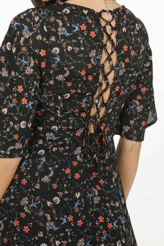 Floral Lattice Back Skater Dress In Black