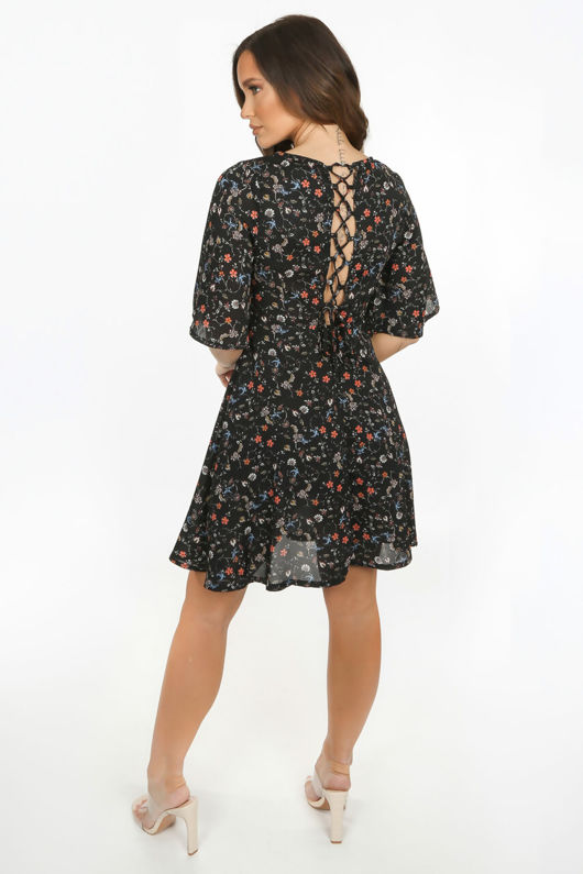 Floral Lattice Back Skater Dress In Black