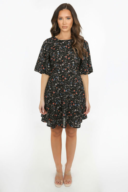 Floral Lattice Back Skater Dress In Black
