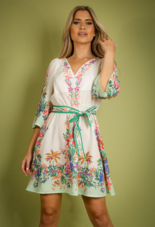 Green Floral V Neck Belted Day Dress