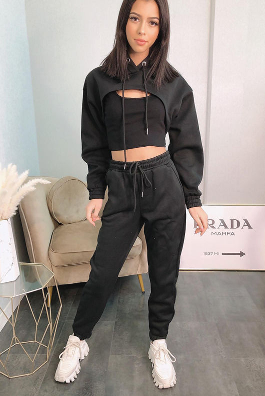 Black Arm Warmer & Vest 3 Piece Hooded Loungewear Set