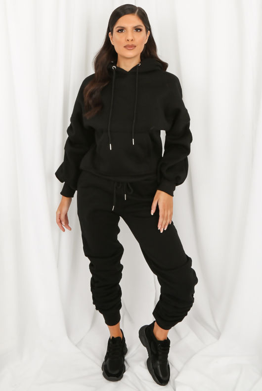 Black Ruched Sleeve Hoodie & Ruched Joggers Set