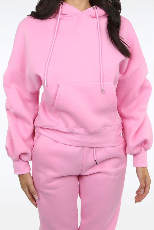 Pink Ruched Sleeve Hoodie & Ruched Joggers Set