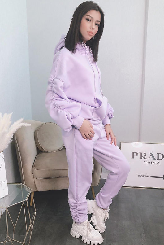 Lilac Ruched Sleeve Hoodie & Ruched Joggers Set